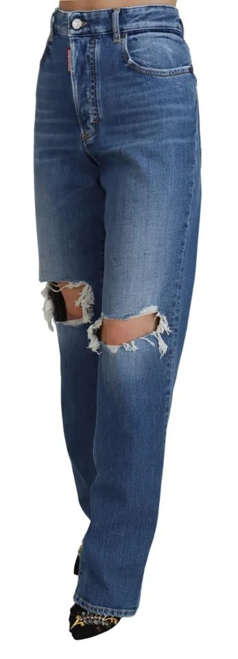 Blå raka jeans med hög midja och slitning