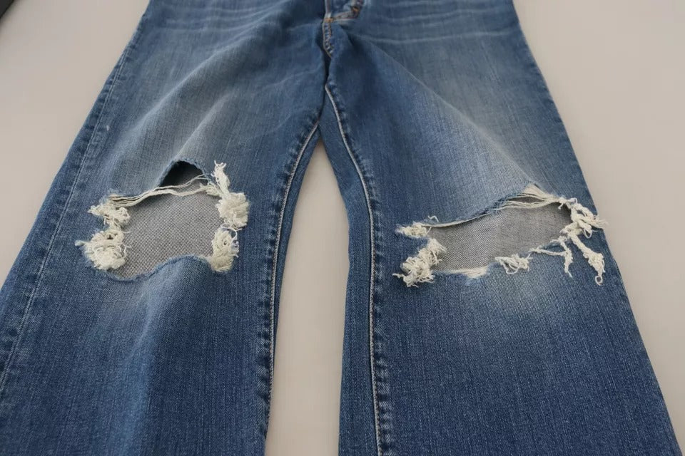 Blå raka jeans med hög midja och slitning