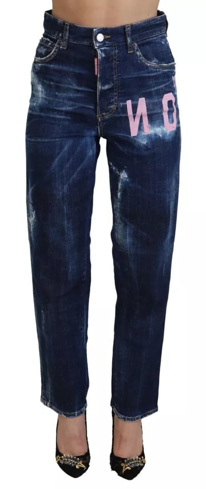 Blå Icon raka jeans med hög midja och Boston-motiv
