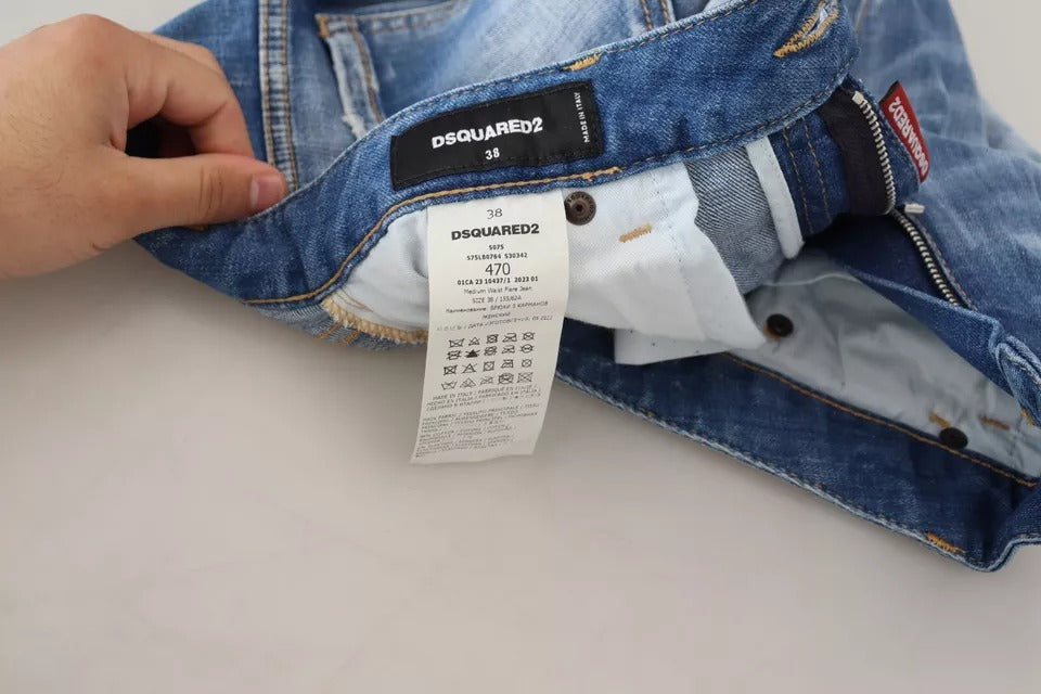 Blå tvättade bomullsjeans med medelhög midja och utsvängda denim