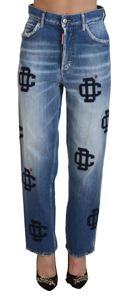 Blå tvättade raka denimjeans med hög midja och Boston-mönster