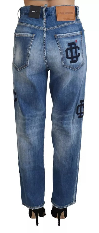 Blå tvättade raka denimjeans med hög midja och Boston-mönster