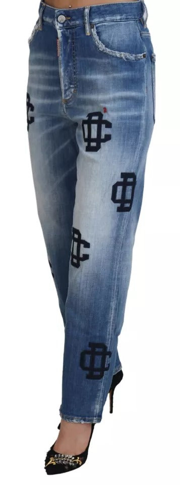 Blå tvättade raka denimjeans med hög midja och Boston-mönster