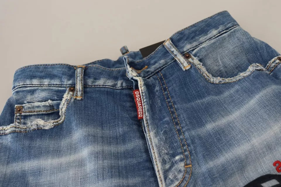 Blå tvättade raka denimjeans med hög midja och Boston-mönster