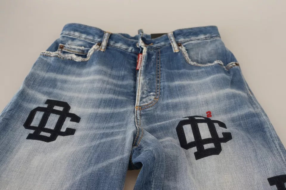 Blå tvättade raka denimjeans med hög midja och Boston-mönster