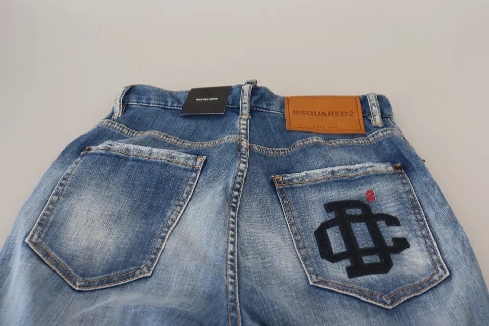 Blå tvättade raka denimjeans med hög midja och Boston-mönster