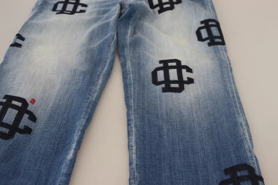 Blå tvättade raka denimjeans med hög midja och Boston-mönster