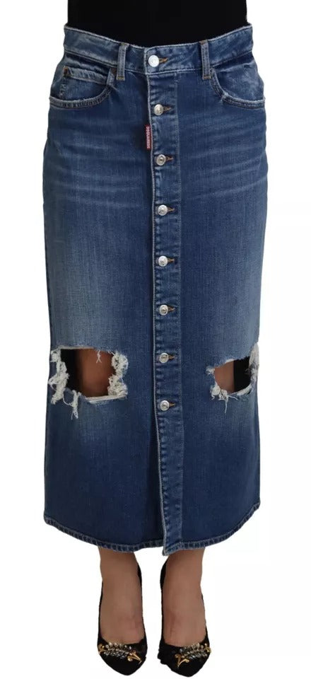 Blå denimkjol med hög midja och pennskuren design