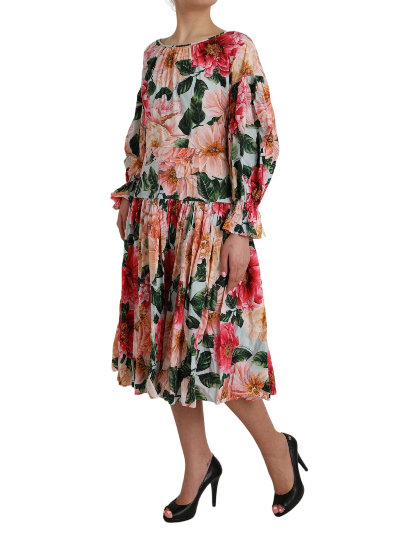 Dolce &amp; Gabbana Flerfärgad Blommig Bomulls Aline Plisserad Klänning