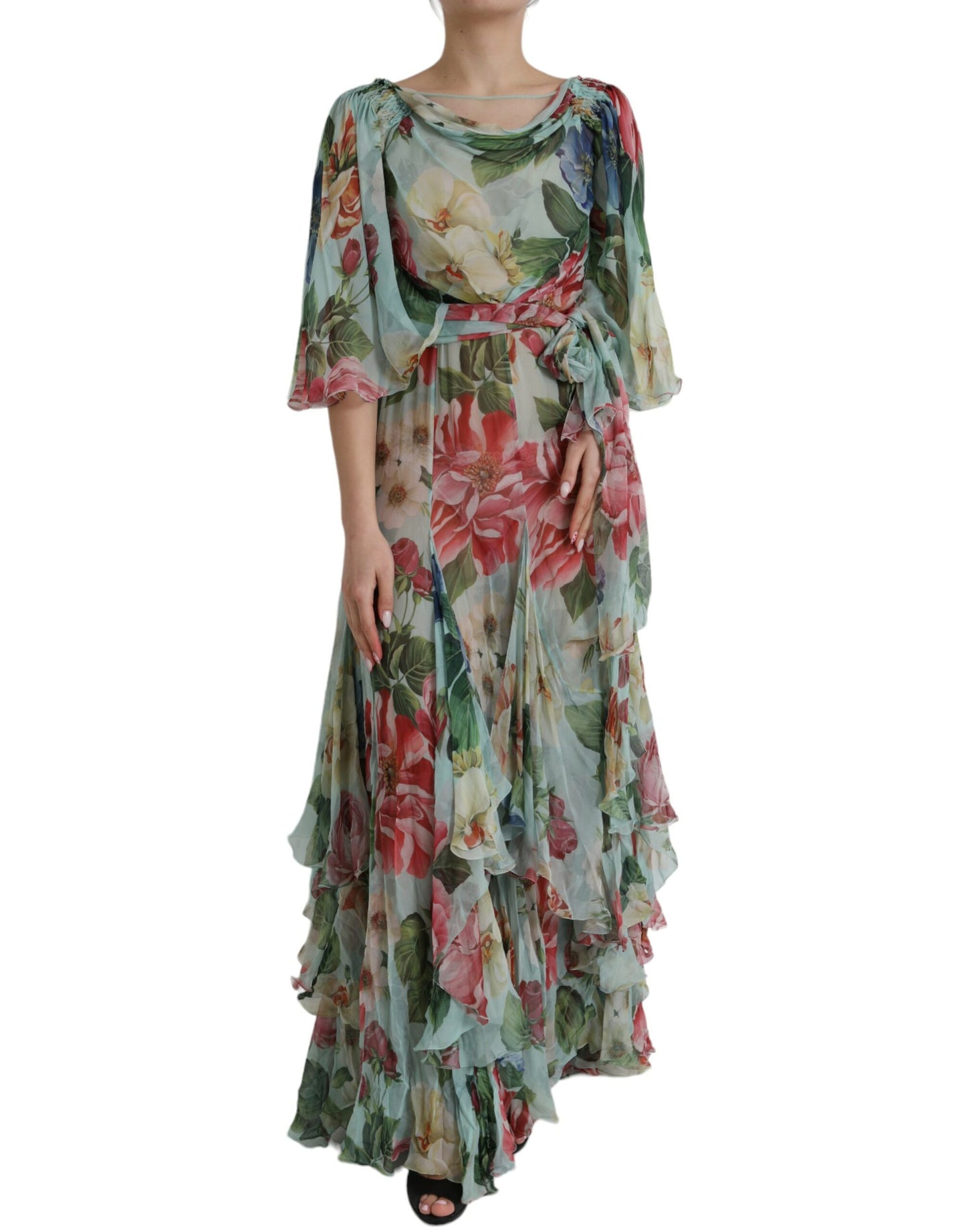 Dolce &amp; Gabbana Blå Blommig Lång Klänning med Flersteg