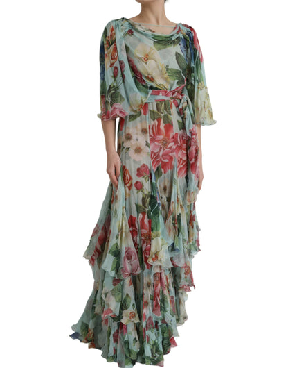 Dolce &amp; Gabbana Blå Blommig Lång Klänning med Flersteg