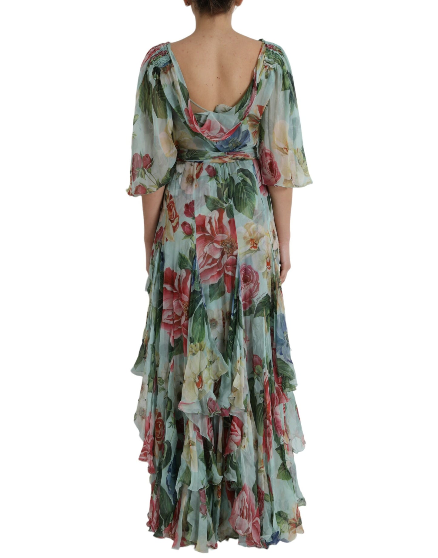 Dolce &amp; Gabbana Blå Blommig Lång Klänning med Flersteg