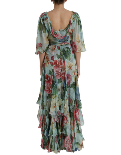 Dolce &amp; Gabbana Blå Blommig Lång Klänning med Flersteg