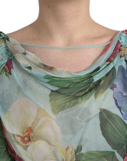 Dolce &amp; Gabbana Blå Blommig Lång Klänning med Flersteg