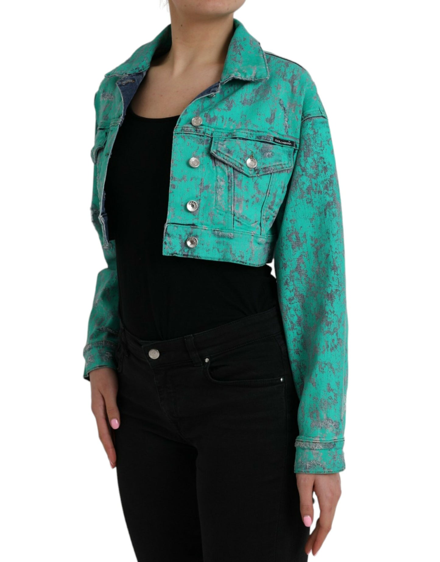 Dolce &amp; Gabbana Grønn Bomull Tie Dye Cropped Cropped Denimjakke