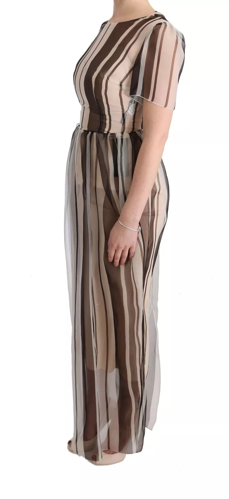 Dolce &amp; Gabbana Beige Brun Randig Sidenklänning