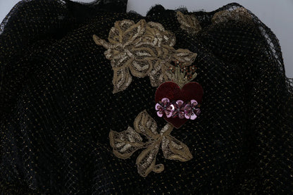 Dolce &amp; Gabbana Svartguld Kristallhjärtad A-linjeklänning