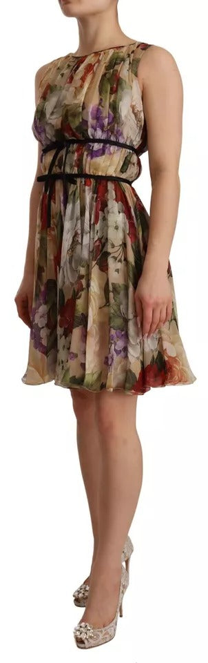 Dolce &amp; Gabbana Beige Blommig Ärmlös Miniklänning Rund Halsringning
