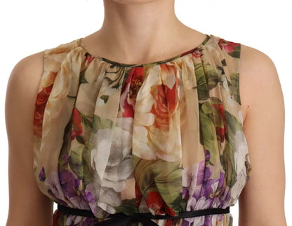 Dolce &amp; Gabbana Beige Blommig Ärmlös Miniklänning Rund Halsringning
