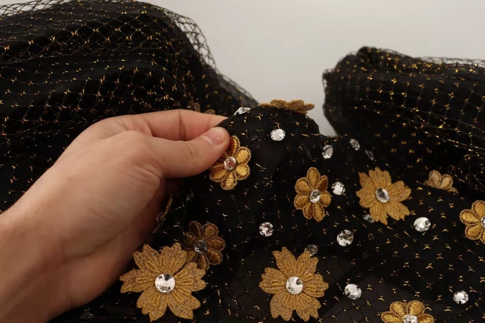 Dolce &amp; Gabbana Svart Blommig Maxibalklänning med Kristaller