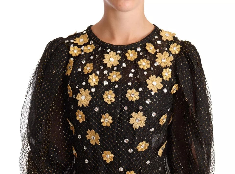 Dolce &amp; Gabbana Svart Blommig Maxibalklänning med Kristaller