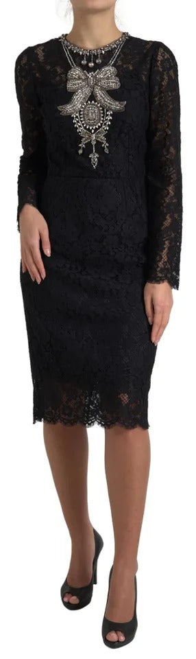 Dolce &amp; Gabbana Svart Nylon Spetsutsmyckad Slidklänning