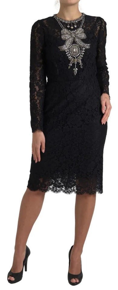 Dolce &amp; Gabbana Svart Nylon Spetsutsmyckad Slidklänning