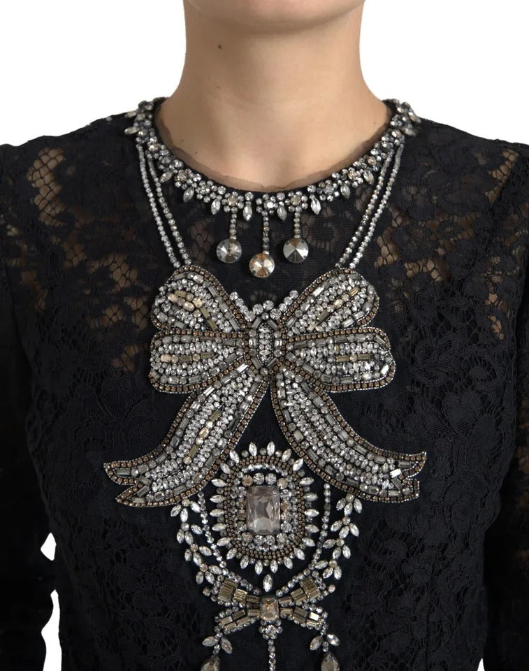 Dolce &amp; Gabbana Svart Nylon Spetsutsmyckad Slidklänning