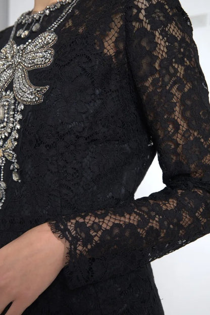 Dolce &amp; Gabbana Svart Nylon Spetsutsmyckad Slidklänning