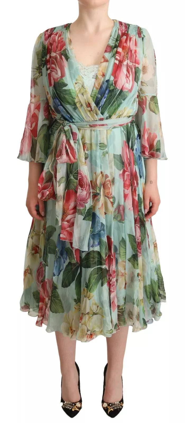 Dolce &amp; Gabbana Grön Blommig Långärmad V-ringad Midiklänning