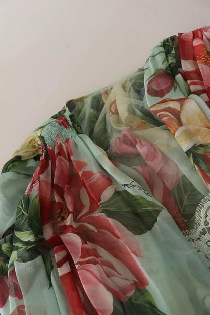 Dolce &amp; Gabbana Grön Blommig Långärmad V-ringad Midiklänning