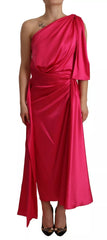 Dolce & Gabbana Silk Pink Fitted Cut One Shoulder Midi Dress