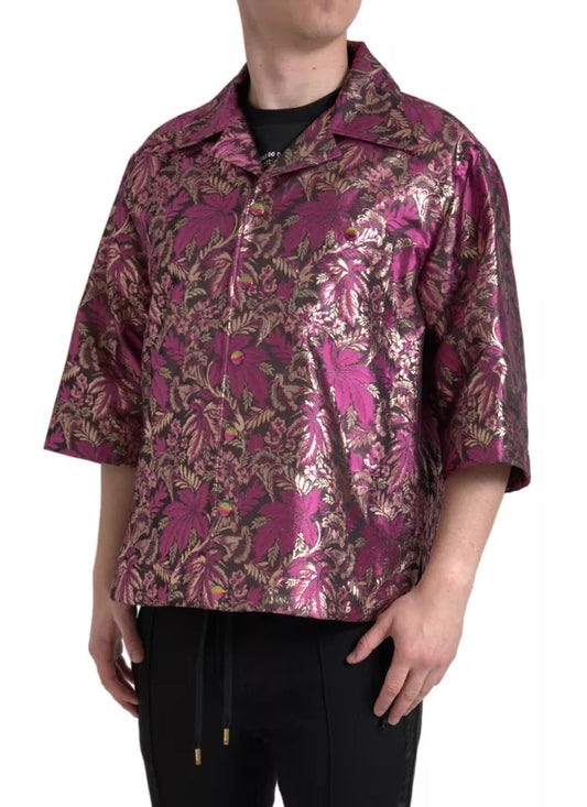 Dolce &amp; Gabbana Fuchsia Rosa Blommig Jacquard Skjorta med Knappar