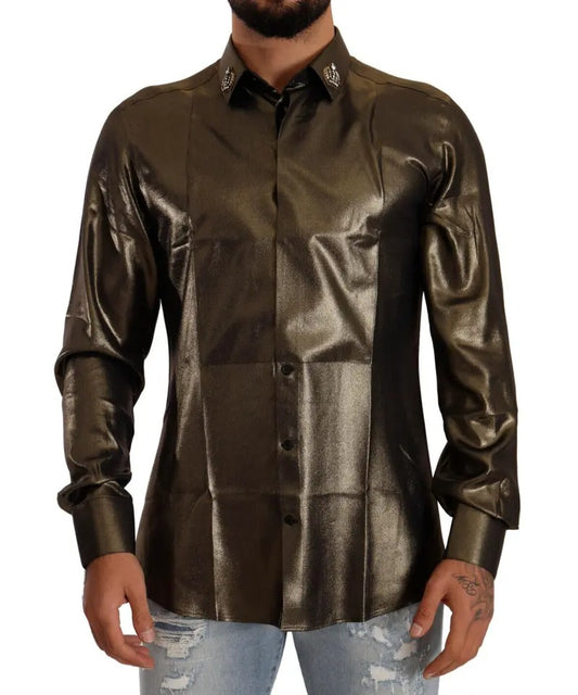 Dolce &amp; Gabbana Metallic Gold DG Broderad Krona Sidentoppskjorta