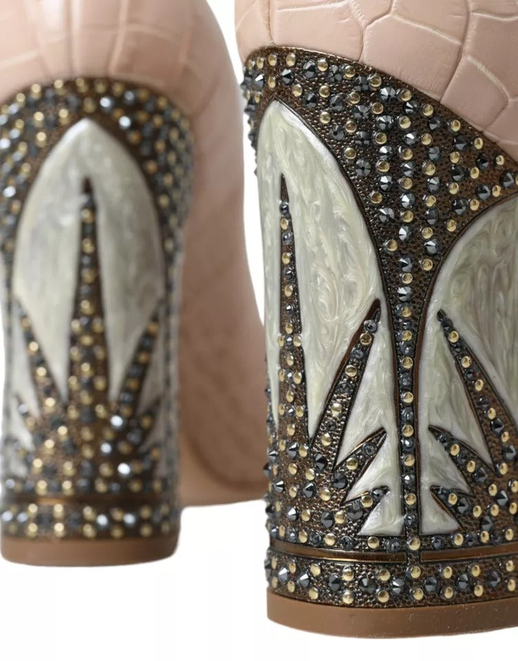 Beige Läder Mary Janes Utsmyckade Skor