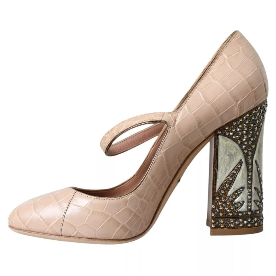 Beige Läder Mary Janes Utsmyckade Skor