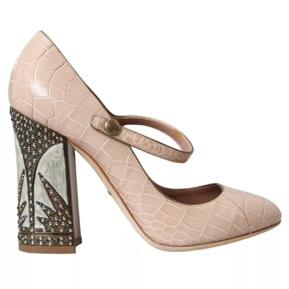 Beige Läder Mary Janes Utsmyckade Skor
