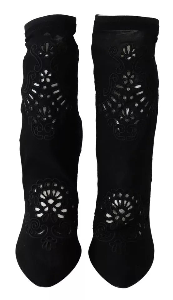Svarta Stretchiga Pumps Stövlar Blommiga Spetsskor