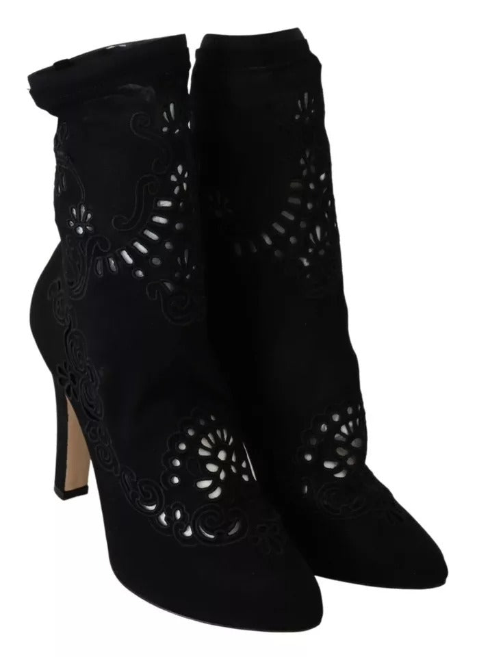 Svarta Stretchiga Pumps Stövlar Blommiga Spetsskor