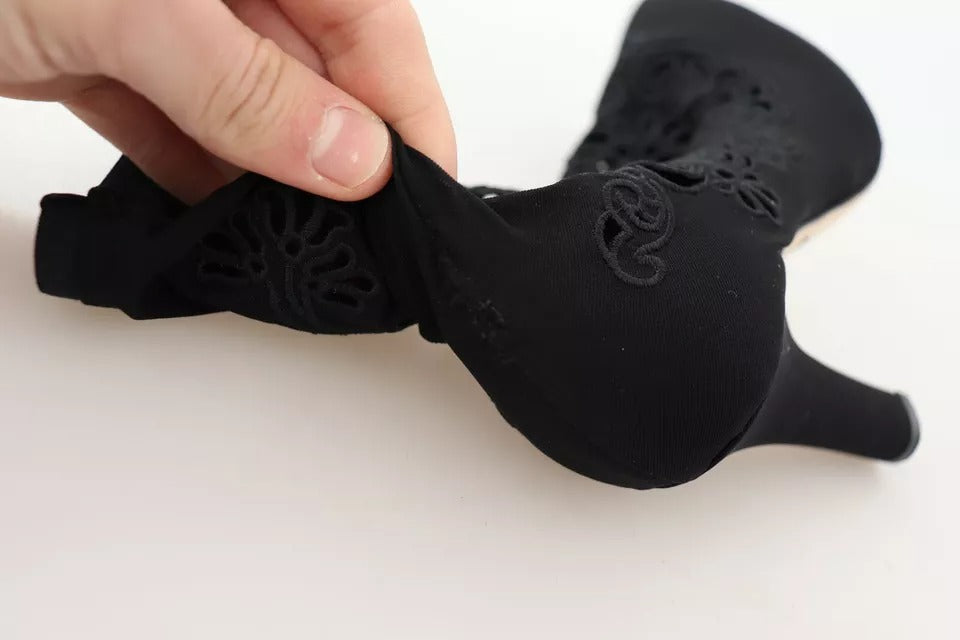 Svarta Stretchiga Pumps Stövlar Blommiga Spetsskor