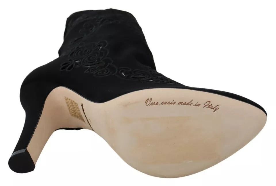 Svarta Stretchiga Pumps Stövlar Blommiga Spetsskor