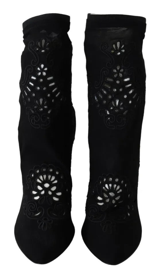 Svarta Stretchiga Pumps Stövlar Blommiga Spetsskor