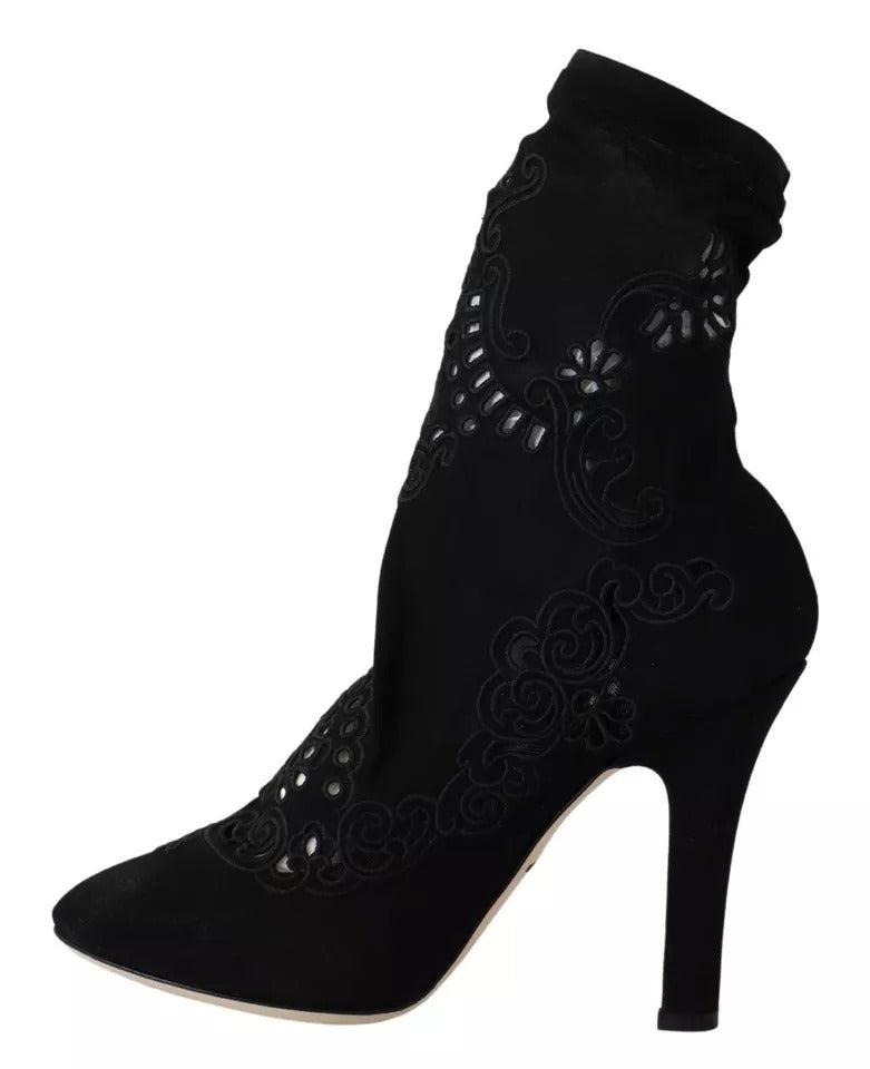 Svarta Stretchiga Pumps Stövlar Blommiga Spetsskor