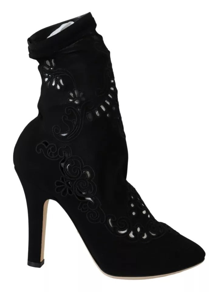 Svarta Stretchiga Pumps Stövlar Blommiga Spetsskor