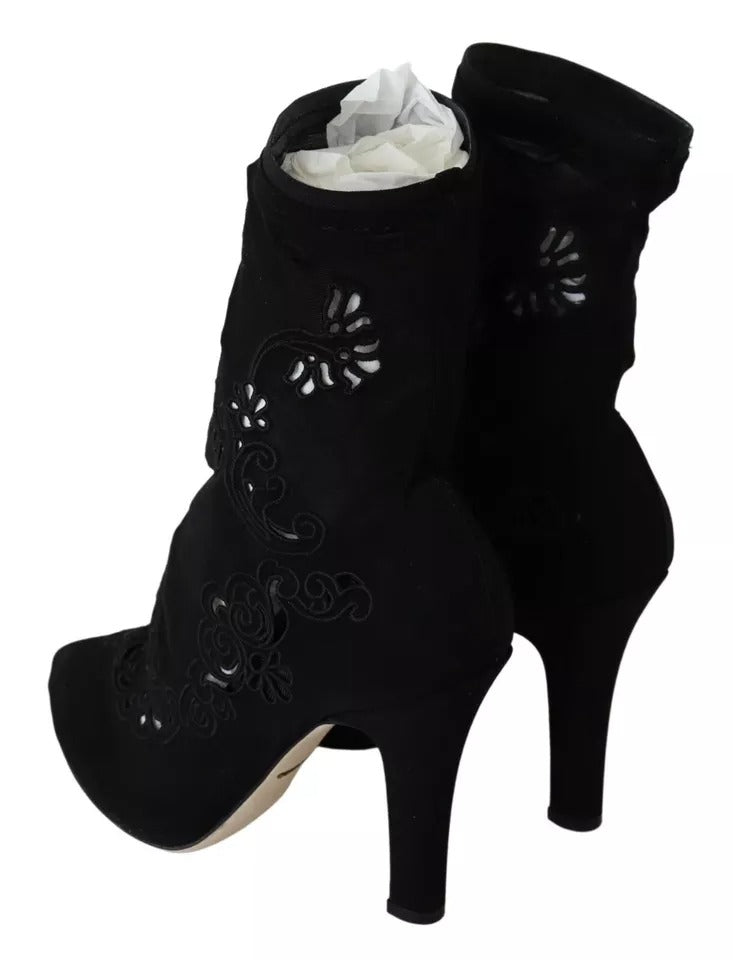 Svarta Stretchiga Pumps Stövlar Blommiga Spetsskor