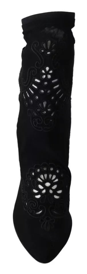 Svarta Stretchiga Pumps Stövlar Blommiga Spetsskor