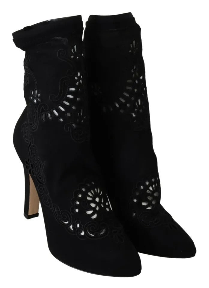 Svarta Stretchiga Pumps Stövlar Blommiga Spetsskor