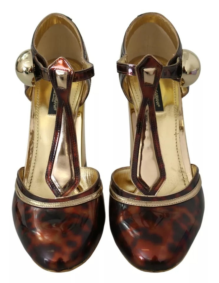 Gullfargede Leopard T-stropp Pumps Sandaler Sko