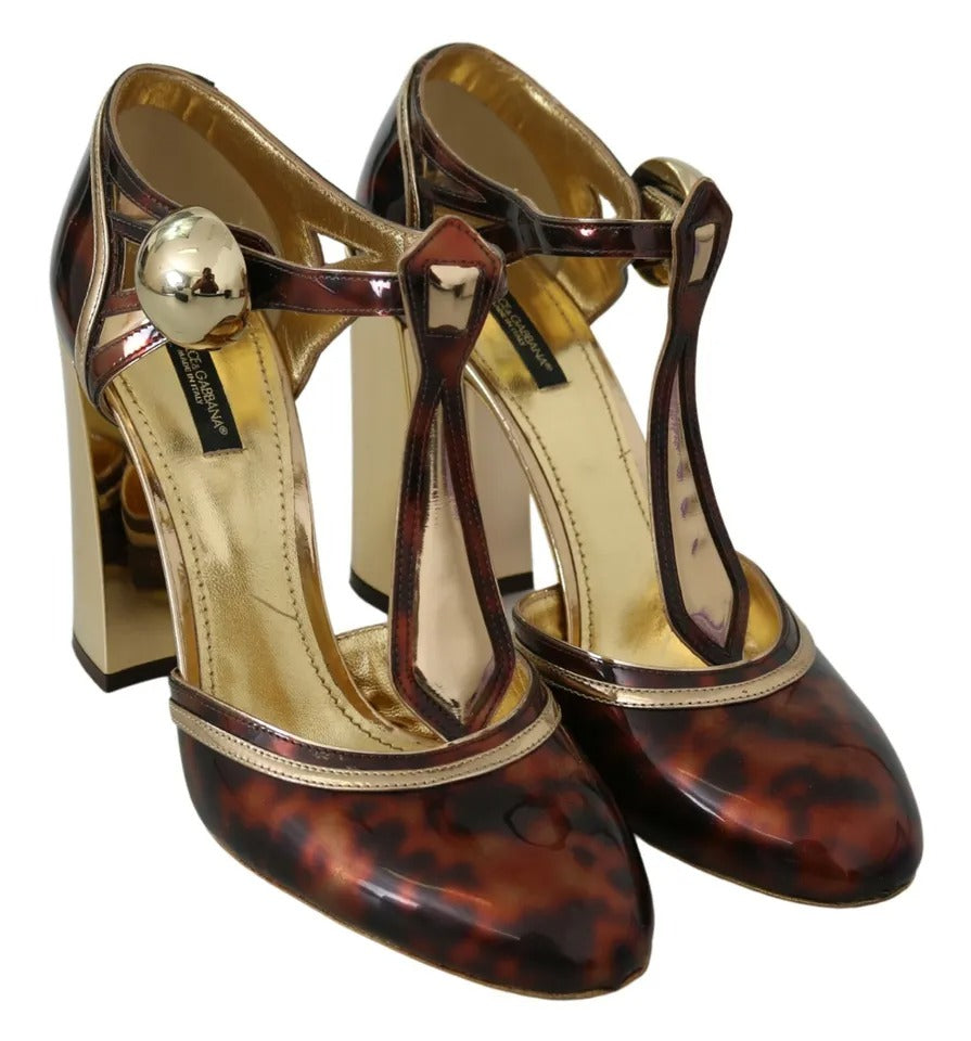 Gullfargede Leopard T-stropp Pumps Sandaler Sko