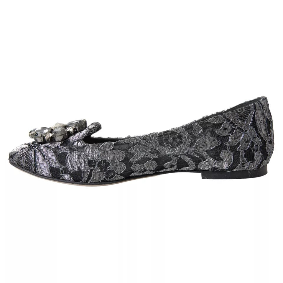 Grå svarte blonder krystall ballet loafers